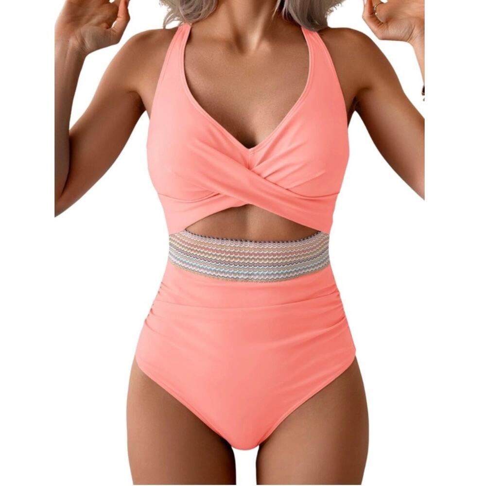 B2PRITY Women Coral Cutout Tummy Control One Piece Swimsuit Size M NWT